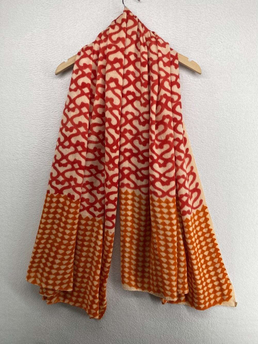 ROBERTA ROLLER RABBIT Scarf Wool Silk Print Shawl Wrap Orange 74x40 in